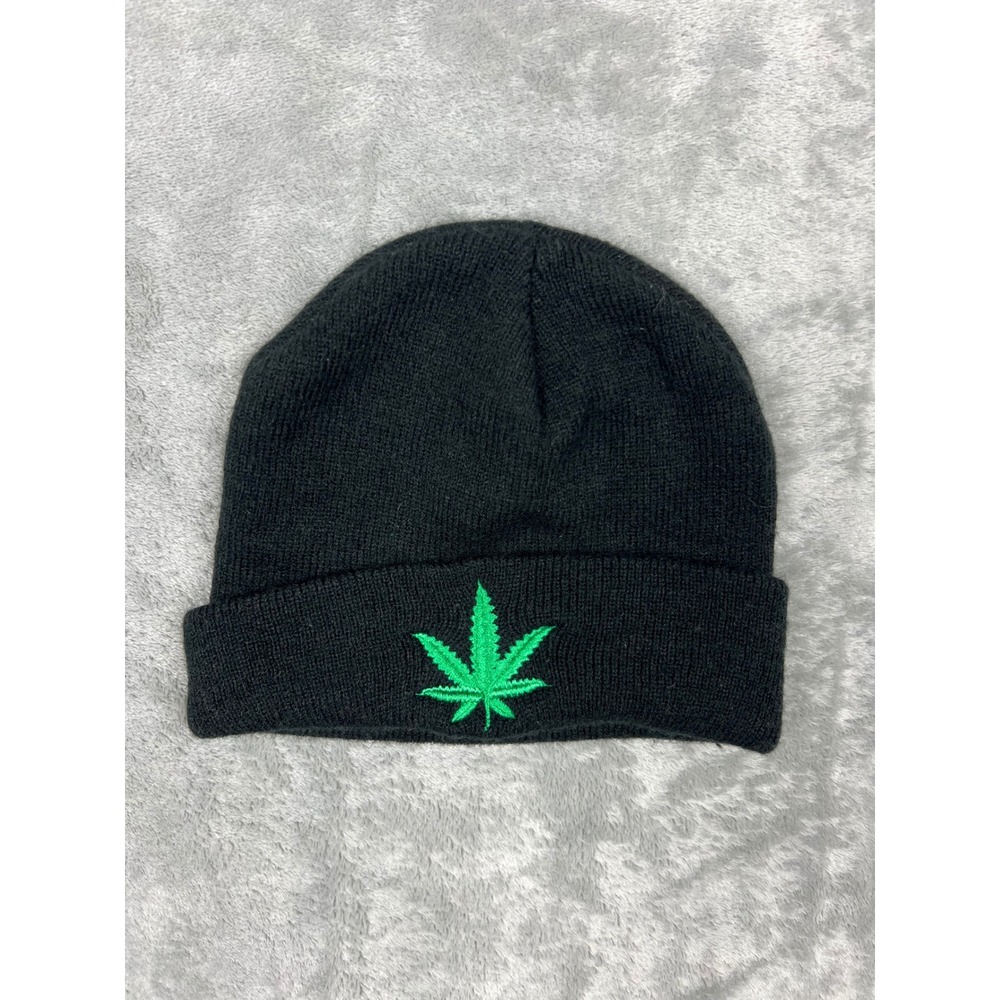 Black Knit Beanie Green Embroidered Leaf Cuffed Cap Hat Winter Cozy Warm Novelty